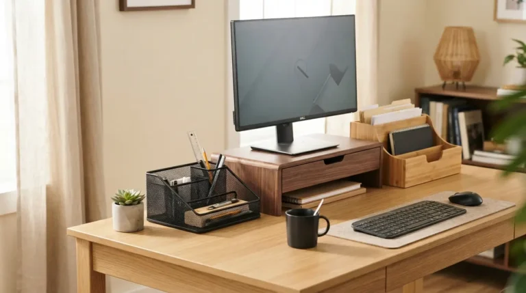 A brightly lit lifestyle desk scene featuring a person's hand reaching to place a pastel purple folder into a black wire mesh desk organizer. The multi-tier unit sits on a crisp white modern desk, holding neatly stacked papers, a white electronic calculator, a small 2026 desk calendar, a mini potted succulent, and colorful highlighters in side mesh cups. The bottom sliding drawer is partitioned and filled with small office accessories like sticky notes, tape, and clips. To the right sits an open silver laptop displaying a scenic mountain wallpaper, while soft, natural sunlight casts organic foliage shadows from a broad-leafed potted plant on the left wall.